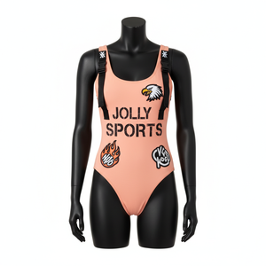 Traje de baño de una pieza color melocotón para mujer, 220 GSM, tela elástica de poliéster y spandex, estampado gráfico, logotipo personalizado, traje de baño para mujer - Product Image 4