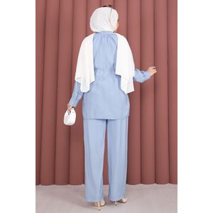 Conjunto de 2 Piezas Color Azul Bebé, Blusa con Cuello Fruncido y Decoración de Botones, y Pantalones, Atuendo Elegante para Ocasiones Especiales - Product Image 6