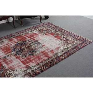 Tapis en laine rouge beige vintage de 6x9.5 pieds, fait à la main, grande zone turque, patchwork abstrait couloir 10mm couloirs en latex - Product Image 4