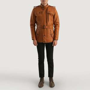 Hunter Tan Brown Genuine Sheepskin Leather <b>Jacket</b> Casual Outwear with Zippered Closure and Water Proof Coating [FS] - Product Image 3