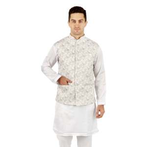 Ensemble de cérémonie indien traditionnel TRILOKI Ikkat 3-en-1 haut de gamme en coton 100% lavable, comprenant Kurta, Pyjama et Gilet à manches longues - Product Image 5
