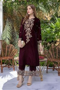 Party Wear Kurta With <b>Pant</b> Beautiful Embroidery on Velvet Fabric Dress Embellish Crystal Glass Beads, Dabka Work - Product Image 2