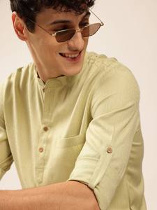 <b>men</b> <b>green</b> ivory coloured solid mandarin collar kurta short kurta polyester viscose long sleeves curved hem kurta <b>for</b> <b>mens</b> - Product Image 5