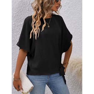 Women'<b>s</b> Short-Sleeved Crew Neck Side-Tie Aerobin <b>Blouse</b>, 37391 - Black - Product Image 4
