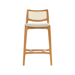 Modern Solid Teak Dining Bar Stool with Handwoven Backrest and <b>Upholstered</b> Seat for Home and Restaurant Use - Product Image 2