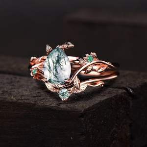 925 plata esterlina en forma de pera ágata musgo con diseño de hoja anillo de bodas para mujer anillo de compromiso - Product Image 5