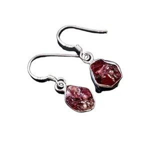 Handmade 925 Sterling Silver Natural Raw Red Garnet Brincos Gota E Dangle Brinco Jóias De Prata Da Índia