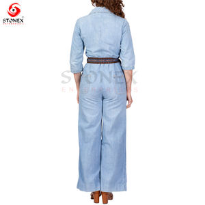 Mono de mezclilla abotonado con cinturón de alta calidad Vintage Blue Jean pierna ancha Bell Bottom mujeres mamelucos - Product Image 2