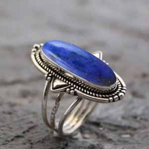 Anillo de boda de plata de ley 925 con lapislázuli, joyería étnica clásica, corte ovalado, regalo de alta calidad para boda/anillo de compromiso - Product Image 4