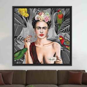 Toile imprimée Frida Kahlo : Art fumé, Tasse à thé, Motif vitrail, TOILE ENCADRÉE NOIRE - Product Image 1