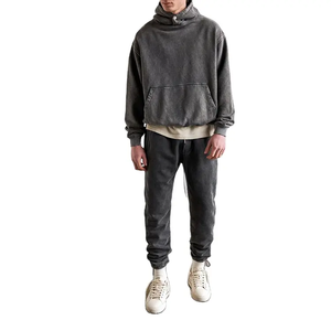 OEM 3D Logo en relief Hommes Pullover Oversize No String Hoodies Avec Bouton French Terry 500gsm Gris Couleur Vintage Acid Wash Hoodie - Product Image 2