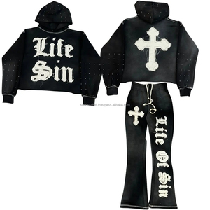 2024 nouvelle mode Streetwear Hip Hop 100% coton en détresse brodé Patch lavage à l'acide sweat à capuche survêtement - Product Image 3