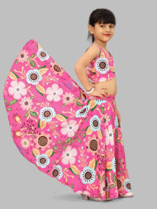 ชุดเลเฮนกาโชลีลายดอกไม้สีชมพูแบบยาวพื้นผ้าแห้งเร็ว สไตล์ท้องถิ่นสำหรับเด็กผู้หญิง ชุด 2 ชิ้น แฟชั่นโชรยัม - Product Image 4