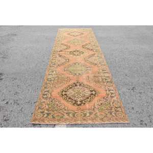 Tapis de Laine Vintage Orange Vert 4.2 X 12.7ft Classique Grande Surface Tapis Turc Patchwork pour Adolescents Rectangle Couloir Latex - Product Image 1