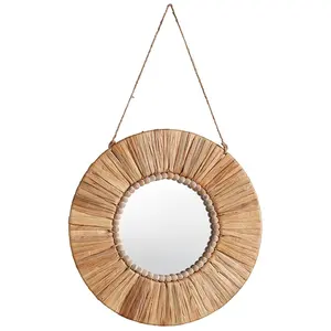 Boho Wall Mirror Water Hyacinth Beaded Round Wood Wall Mirror Decorative Amazon Top Circle Wall Mounted Mirror for Farmhouse