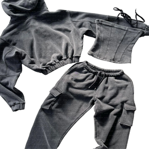 Conjunto de Pantalones Cargo de Invierno Transpirables de 3 Piezas Personalizados, Sudadera con Capucha de Felpa Francesa de Algodón con Cierre, Lavado Ácido, Estilo Desgastado - Product Image 3