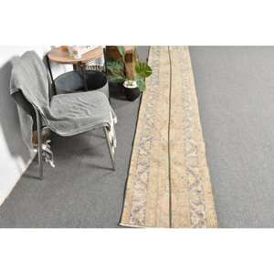 พรมตุรกีโบราณ1.8 x 10.3ft เบจสีฟ้าทำด้วยมือผ้าขนสัตว์รูปทรงสี่เหลี่ยมผืนผ้านามธรรมสำหรับห้องนอนเย็บปะติดปะต่อกันห้องโถงน้ำยาง - Product Image 4