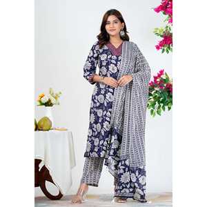 Elegante Conjunto de Kurta Estampado Floral Azul Marino para Mujer con Dupatta - Product Image 5