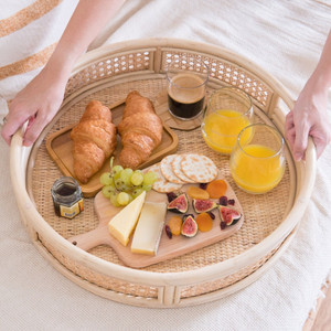 Bandeja decorativa de mimbre y madera de bambú, mesa de centro de diseño moderno, bandejas para servir comida - Product Image 4