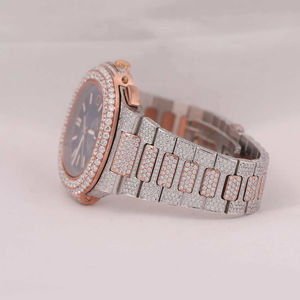 Luxueux Antique Mouvement Automatique Cadran Bleu Montre Glacé Deux Tons Finition Moissanite Diamant Lumineux Acier Inoxydable - Product Image 2