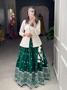 เสื้อเบลาส์ lehenga เย็บเต็มพร้อมแจ็กเก็ตปักลายทำงานผ้าฝ้ายแท้ผสมสีสวย - Product Image 2