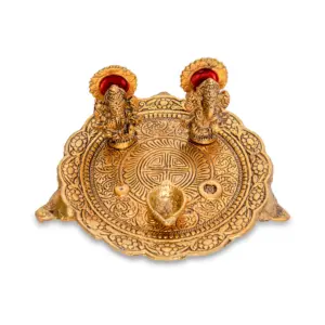 Piatto in oro placcato Puja con ganesh laxmi puja set regalo arti thali metallo dorato Puja articolo per Diwali casa decorazione tempio ufficio