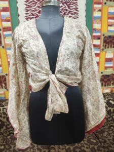 Top corto indio modesto de verano para mujer, manga raglán de seda crepé, mangas acampanadas, camisa/blusa de longitud corta, estampado Floral transpirable - Product Image 2