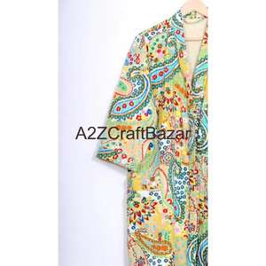 Robe pour femme en coton 100% de luxe à manches longues à cordon de serrage à col en V à fleurs non tissée faite à la main - Douce et respirante - Product Image 2