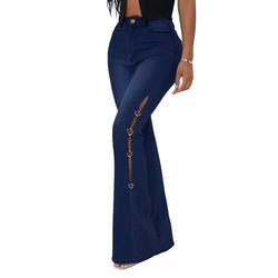 <b>Women</b> Flared <b>Trousers</b> High Waist Stretch <b>Slim</b> Ripped Jeans <b>Cargo</b> Pants Street Wear Hot Sell Side Chain Patchwork Denim Jeans - Product Image 5