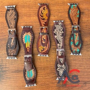 Nueva oferta de tendencia hecha a mano de cuero genuino diseño personalizado Western Floral Tooled Painted Watch Band Boho correa de reloj de repuesto - Product Image 1