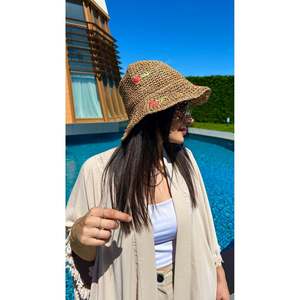Camel Wide Brim Hand-Knitted Straw <b>Hat</b> Cherry Pattern Elegant Accessory Sun Protection HSR2098 - camel2098 - Product Image 5