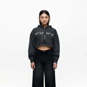 High-Quality Women Washed <b>Cropped</b> <b>Zip</b> Hoodie with Soft Fabric and Relaxed Fit for Casual Wear - Product Image 2