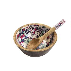Cuenco de madera para servir con cuchara Estampado floral blanco Plato de ensaladera más vendido Tamaño personalizado Hecho EN LA India - Product Image 2