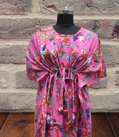 Robe Kaftan Rose en Coton à Imprimé Oiseaux, Col en V, Longueur Totale, Taille à Cordon, Manches Courtes, Tenue de Plage Festive d'Été pour Femme