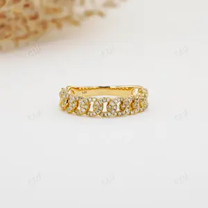 最新デザインクラシックファインジュエリーラボ成長ダイヤモンド結婚指輪女性用14Kソリッドイエローゴールドキューバチェーンリング卸売業者