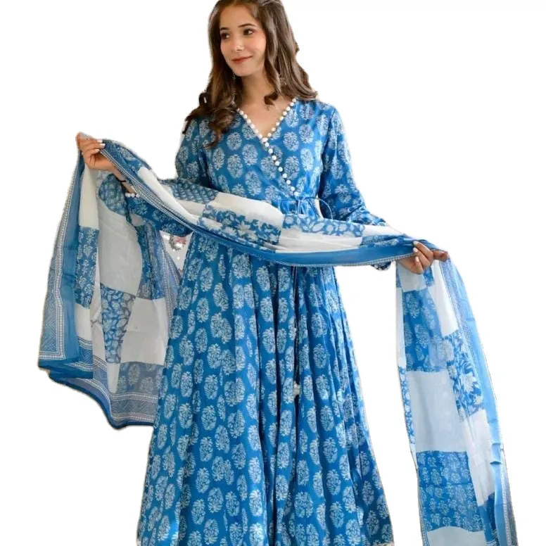 Kadın 3 Set uzun aşınma baskı v yaka şık uzun kollu moda tasarımcısı dantel geleneksel Kurtis Dupatta ile