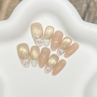 Moyen Ovale Nude Blush Crémeux Ivoire et Champagne Or Japonais Doux Fille Esthétique Porcelaine Pétales Acrylique Doigt Design