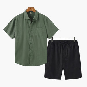 Ensemble chemise et short décontracté en coton 100% de luxe, à manches courtes, motif uni, vente flash d'été, ensemble deux pièces pour homme - Product Image 6