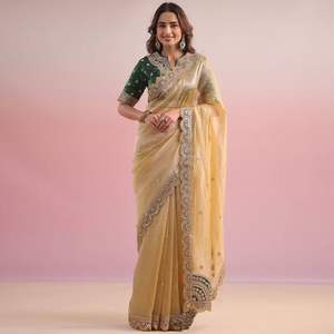 Célébrez la mode estivale Sarees de travail brodés uniques Blouse richement ornée pour tissu net de vêtements indiens pakistanais - Product Image 4