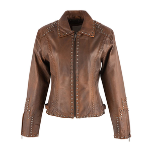 Chaquetas cortas de color personalizadas para mujer Chaqueta corta de moda con tachuelas de moto transpirables de cuero con rompevientos - Product Image 1
