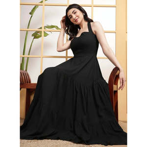 DEEBACO Women's Black Solid Tiered Maxi <b>Dress</b> Fit & Flared Halter Neck Sleeveless Summer Western Wear Party Casual One Piece - Product Image 1