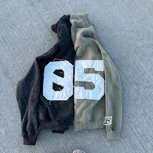 Prix de gros : Sweat à capuche en molleton pour homme, coupe oversize, délavé à l'acide, style zippé, avec broderie personnalisée effet vieilli, noir - Product Image 6