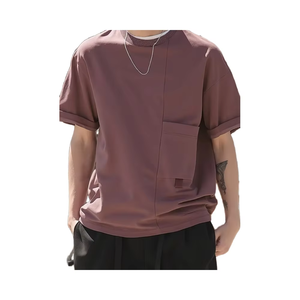 T-shirt à manches courtes d'été décontracté pour hommes respirant en polyester coupe décontractée poche poitrine manches coutures col rond haut de couleur unie - Product Image 1