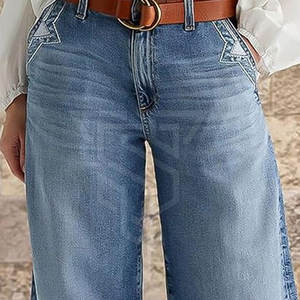 Pantalones vaqueros anchos transpirables para mujer al mejor precio, pantalones ajustados de cintura media, forro polar de algodón de estilo frontal plano para actividades al aire libre - Product Image 5