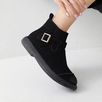 [JSHOE] Bottines à talon plat de 3 cm pour femme, style coréen, en cuir de vachette, avec boucle et fermeture éclair, pour le travail et la marche
