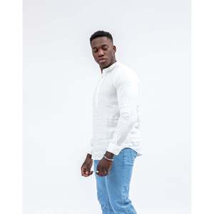 Suave sensación botón tapeta ajuste regular Imperio prenda básica Mao cuello Lino para Polo para hombres Color blanco - Product Image 2