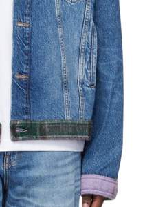 Veste en jean bleue pour homme avec col à carreaux violets, boutons sur le devant, lavage vintage, style décontracté, streetwear, vêtements d'extérieur - Product Image 5