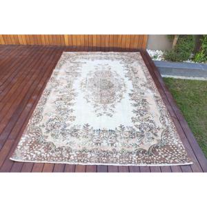 Vintage Large Rug 5.4x8.7 ft (165x266 cm), Turkish <b>Brown</b> Ikat <b>Wool</b> Rug - Product Image 1