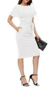 Vestido de trabajo de oficina de verano para mujer con cintura curva, vestido ceñido al cuerpo de crepé con logotipo frontal, vestido con cinturón y bolsillo - Product Image 5