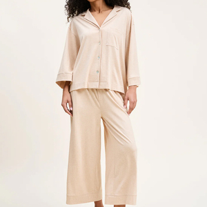 Pima Cotton Pajama Set Long Sleeve Women's <strong>Pyjamas</strong> Sustaianble <strong>Button</strong> <strong>up</strong> Sleep Shirt and Pant Organic Interlock Womens Sleepwear - Product Image 3